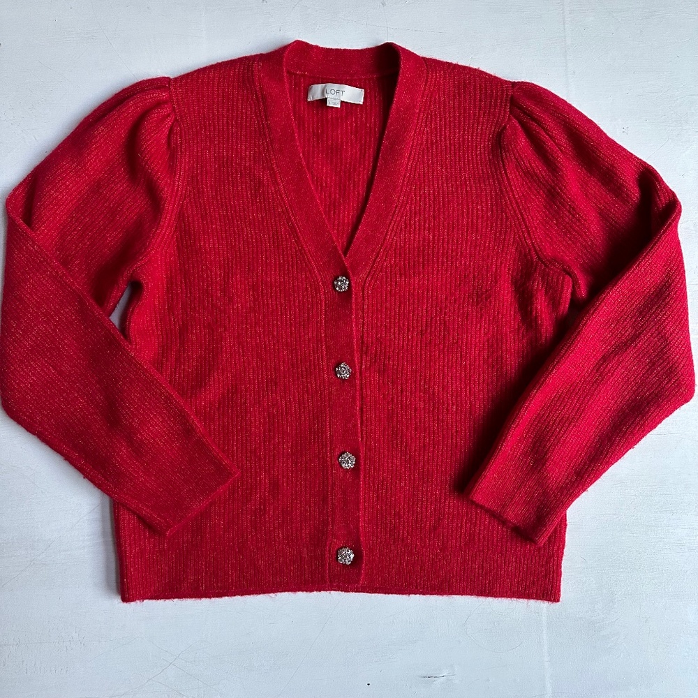 Loft Red Cardigan Sweater with Rhinestone Buttons